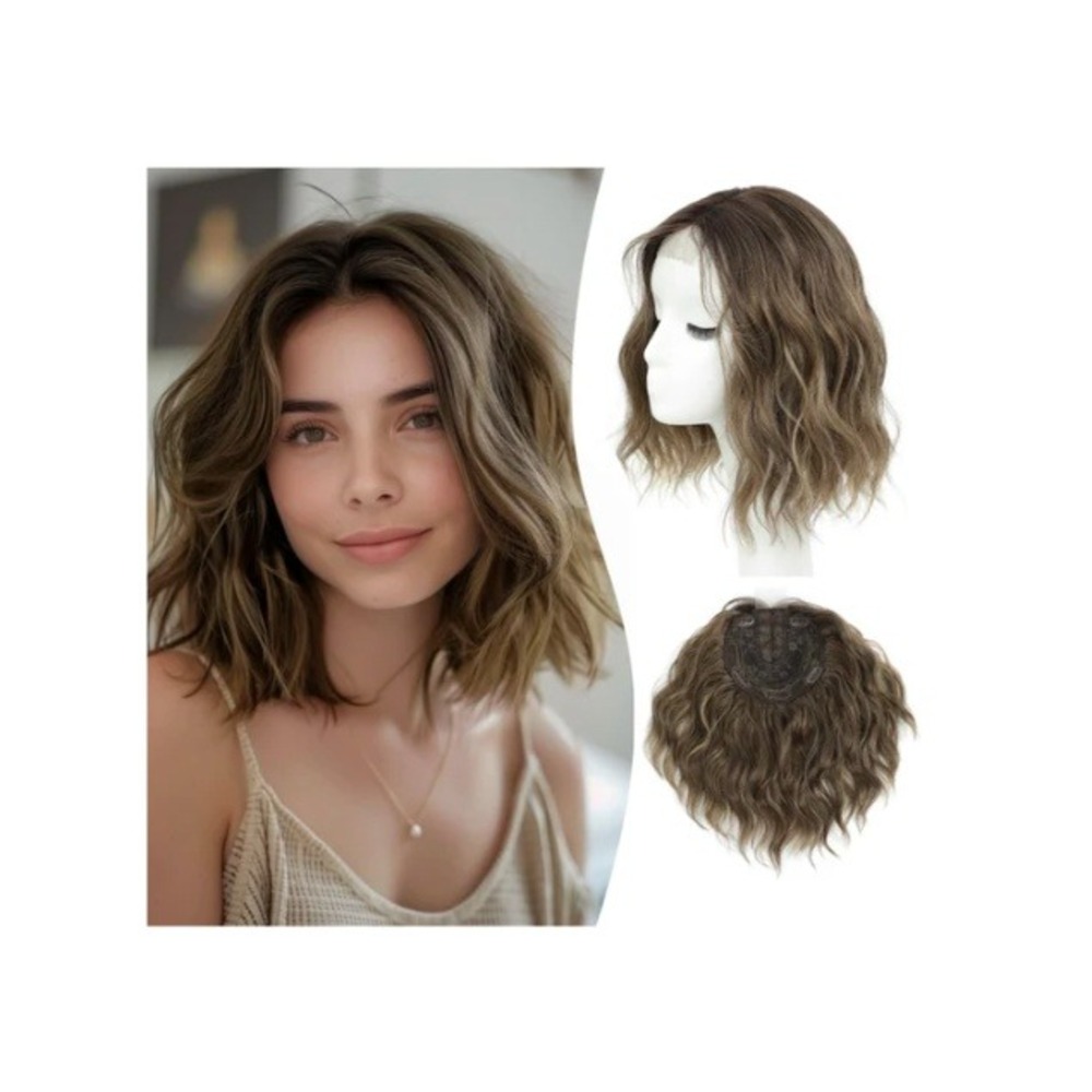 10 Inch Short Wavy Hair Topper Dirty Brown Dark Root Synthetic Wiglet 6.5x6.5